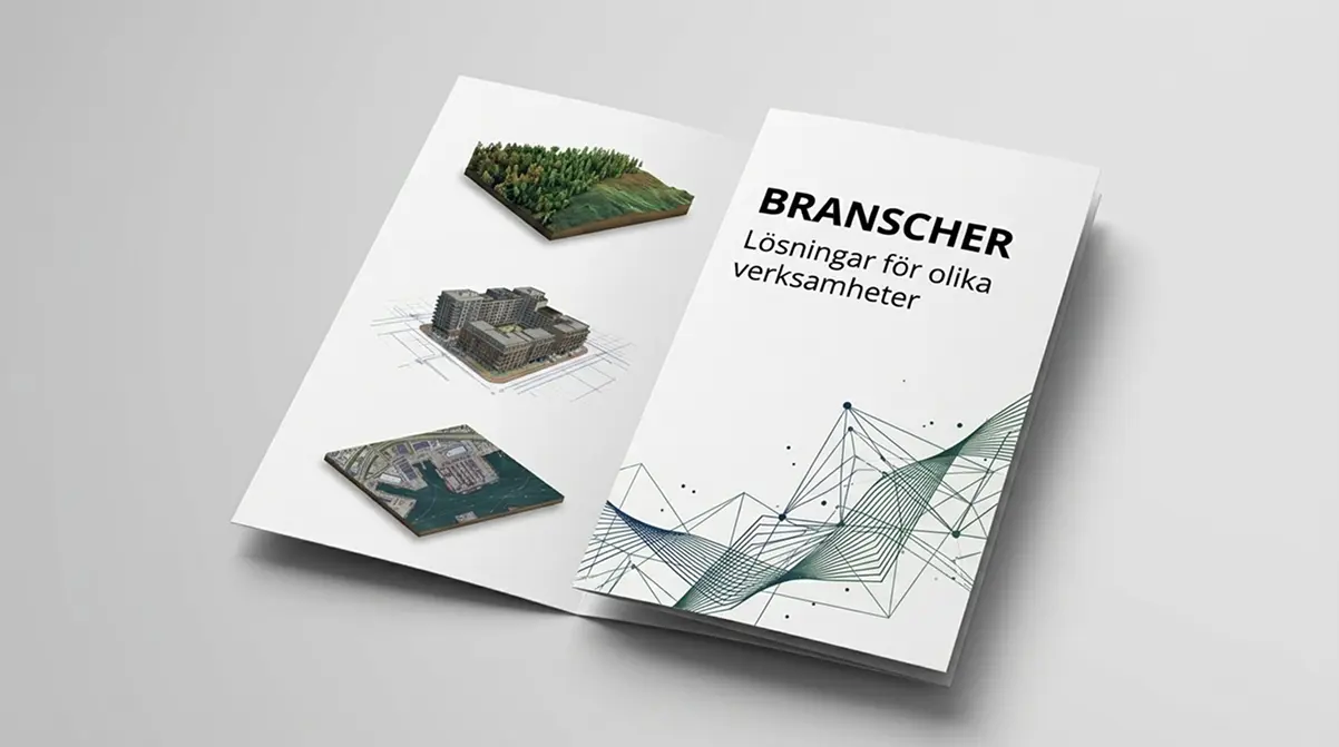 Broschyr om branscher med 3D-modeller av skog, byggnader och hamn