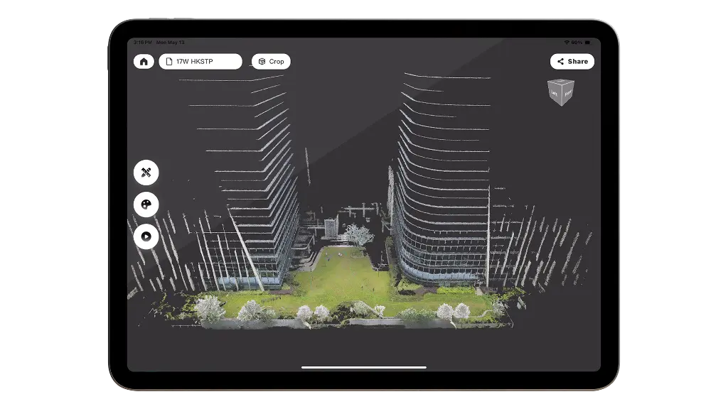 Surfplatta som visar ett färglagt 3D-punktmoln i realtid under datainsamling i fält