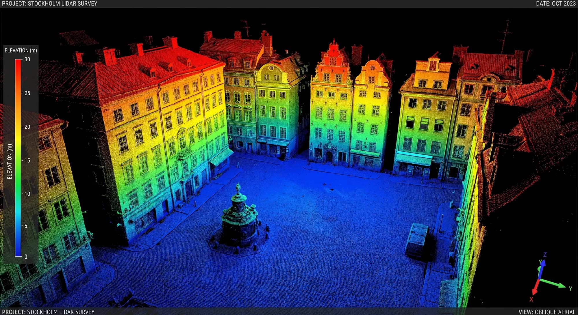 Point cloud of Stortorget in Stockholm from laser scanning, coloured by elevation