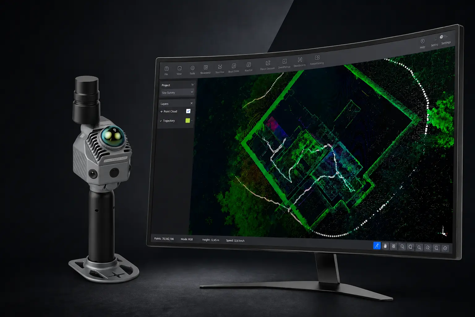 LiDAR scanner beside a screen showing a colourised point cloud for BIM and CAD